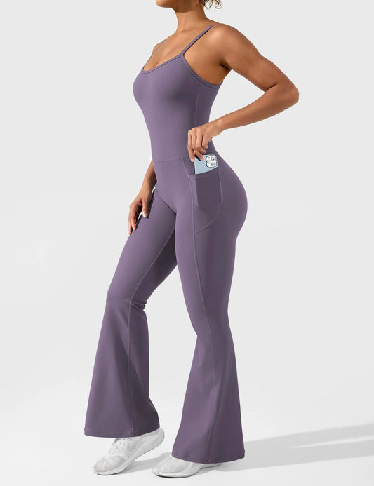 Solid color bell boot legging jumpsuit